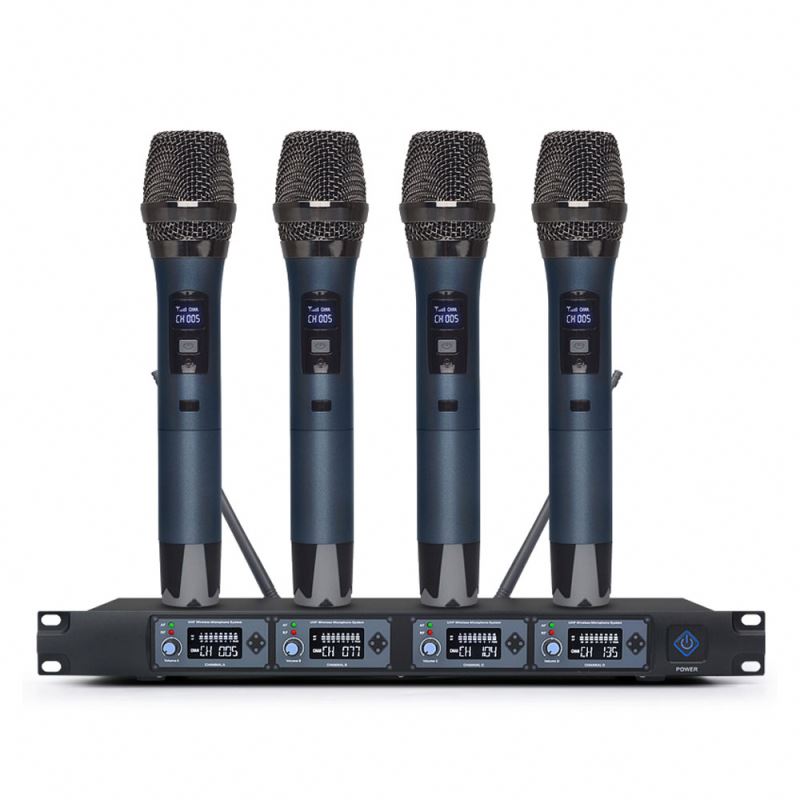 Handheld profesional de alta calidad UHF 4 canales Micrófono inalámbrico para el sistema de karaoke